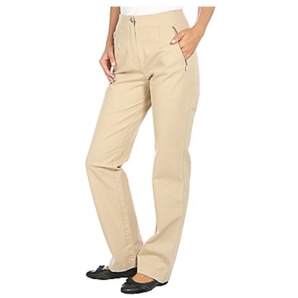 VANILIA KHAKI PANTS SIZE 6. SILVER SIDE ZIP POCKETS.